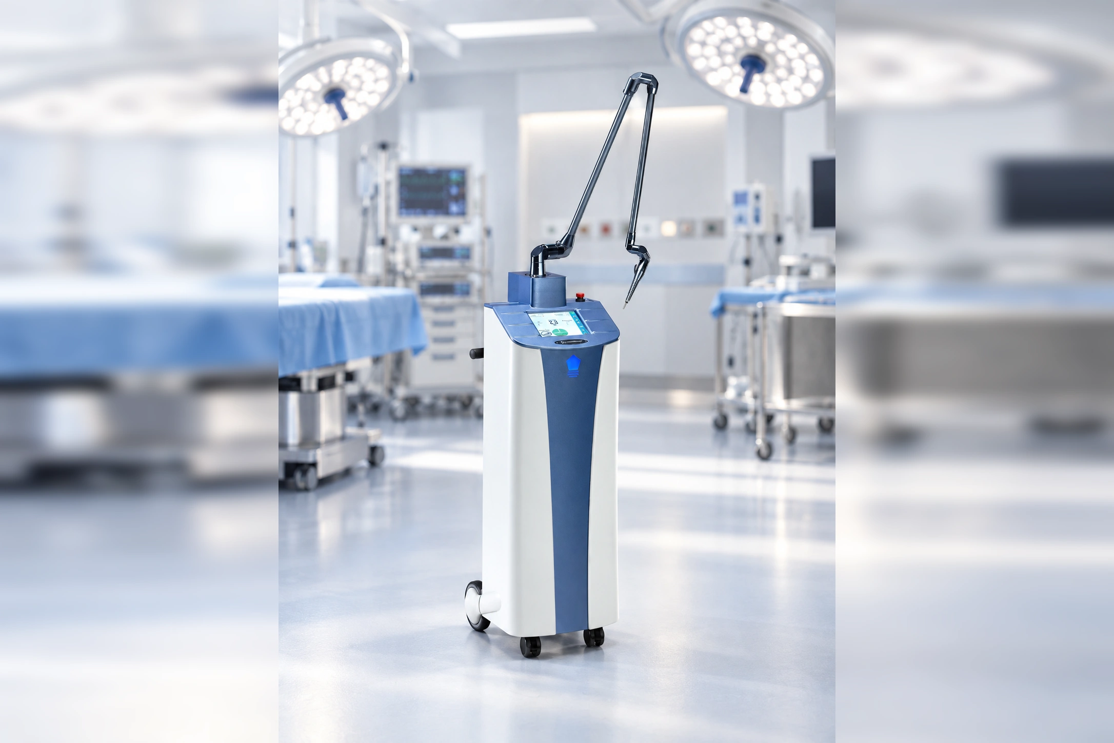 Slim Evo II laser system with articulated arm in a softly focused operating theatre