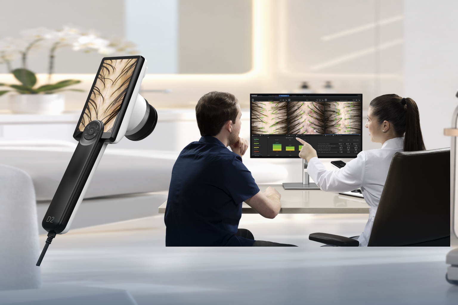 D2 handheld imaging device in the foreground with a HairMetrix consultation and scalp imaging screen behind