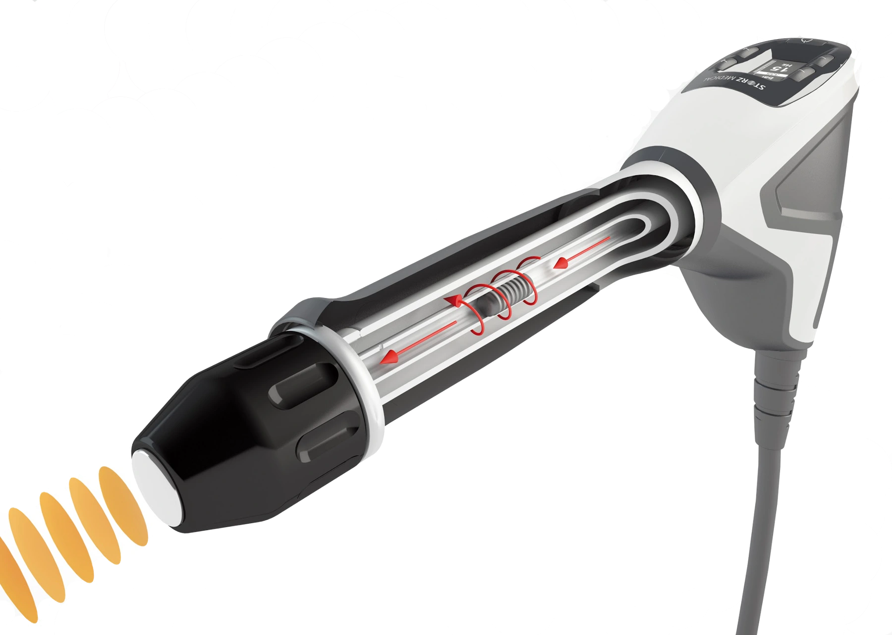 STORZ MEDICAL FALCON handpiece cutaway showing its internal projectile mechanism and integrated display